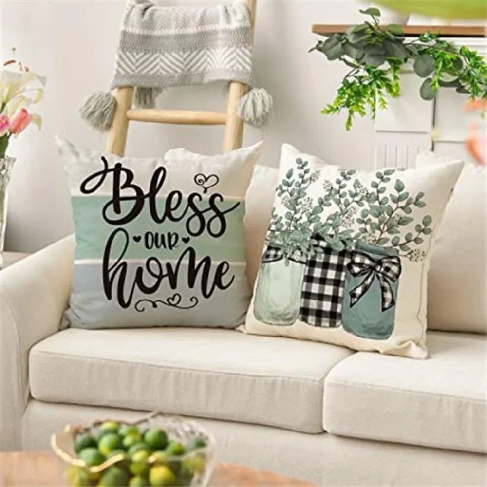 4 Pack Fall Sweet Home Eucalyptus Lamb Ear Wreath Throw Pillow Covers NO INSERT